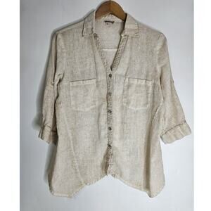 Azucar Ladies 3/4 Sleeve Button Down Blouse 100% Linen Vacation Soft Linen M